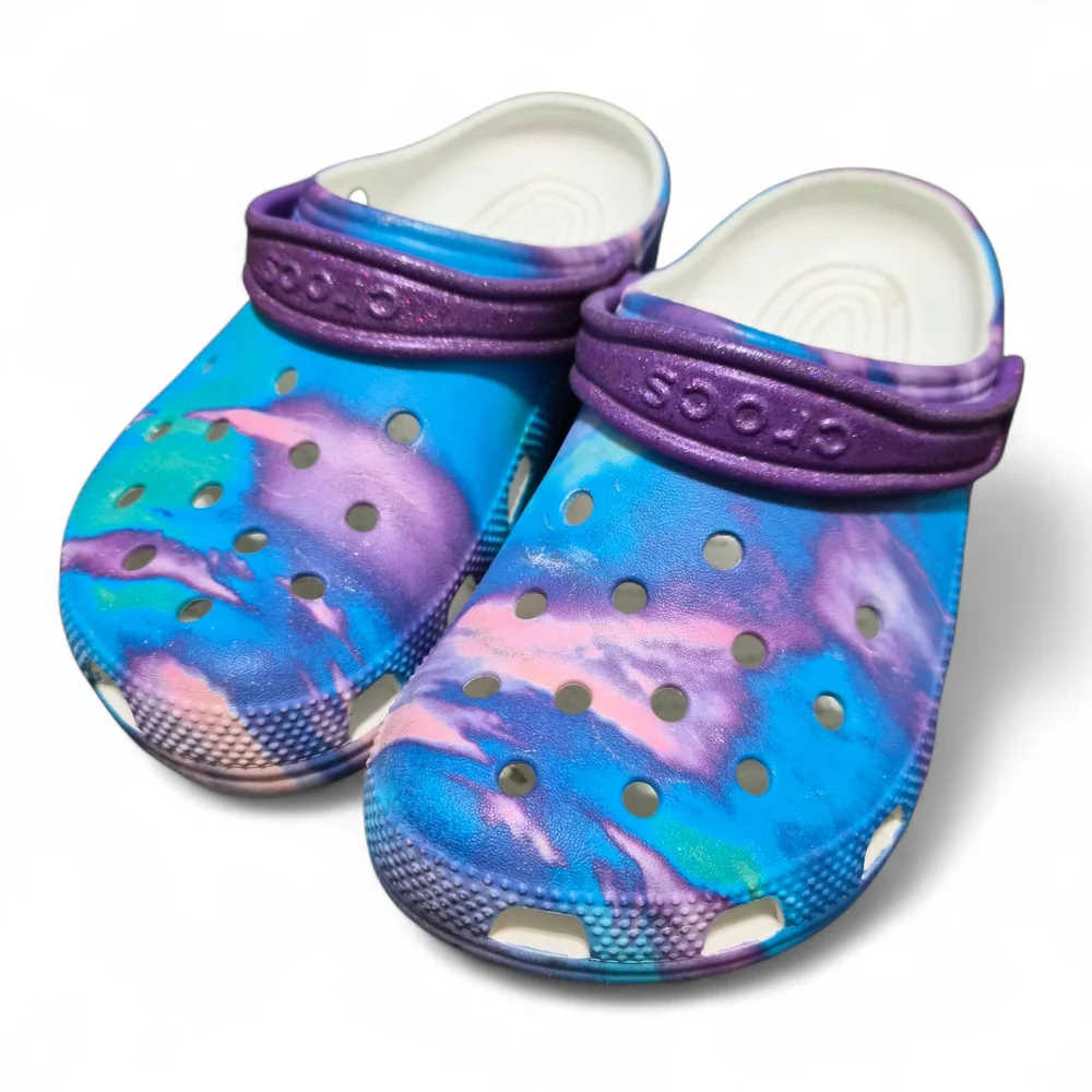 CROCS Classic Tie Dye Clogs Shoes Junior 3 Blue Purple Baya Waterproof Logo - Picture 2 of 9